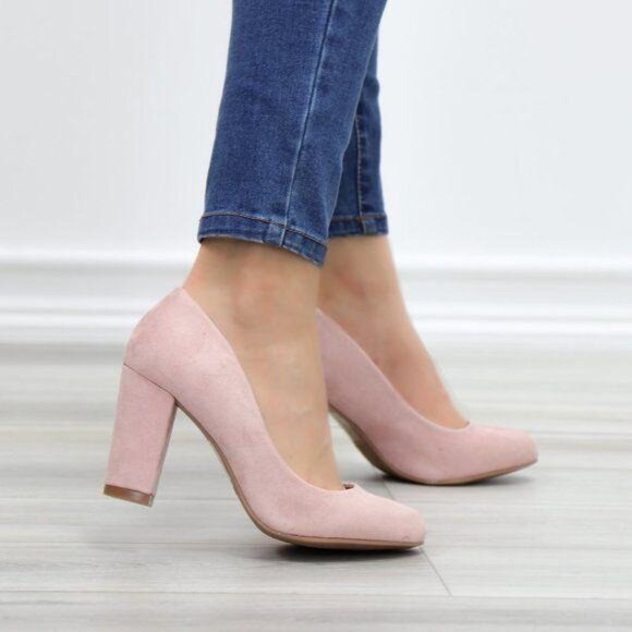 Rose Faux Suede Slip On Block High Heel Pumps - Picture 4 of 10